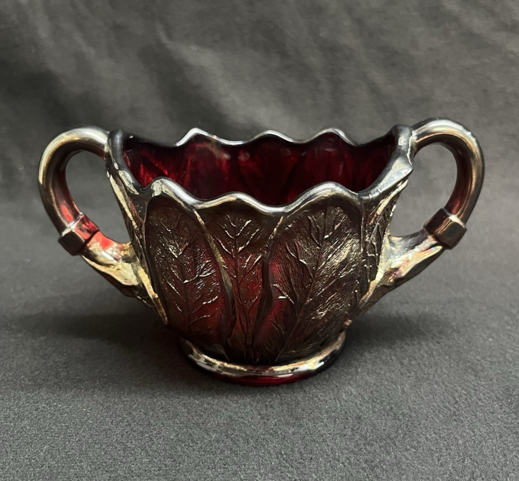 Vintage Imperial Glass Iridescent Everglade Sunset Ruby Red Creamer & Sugar