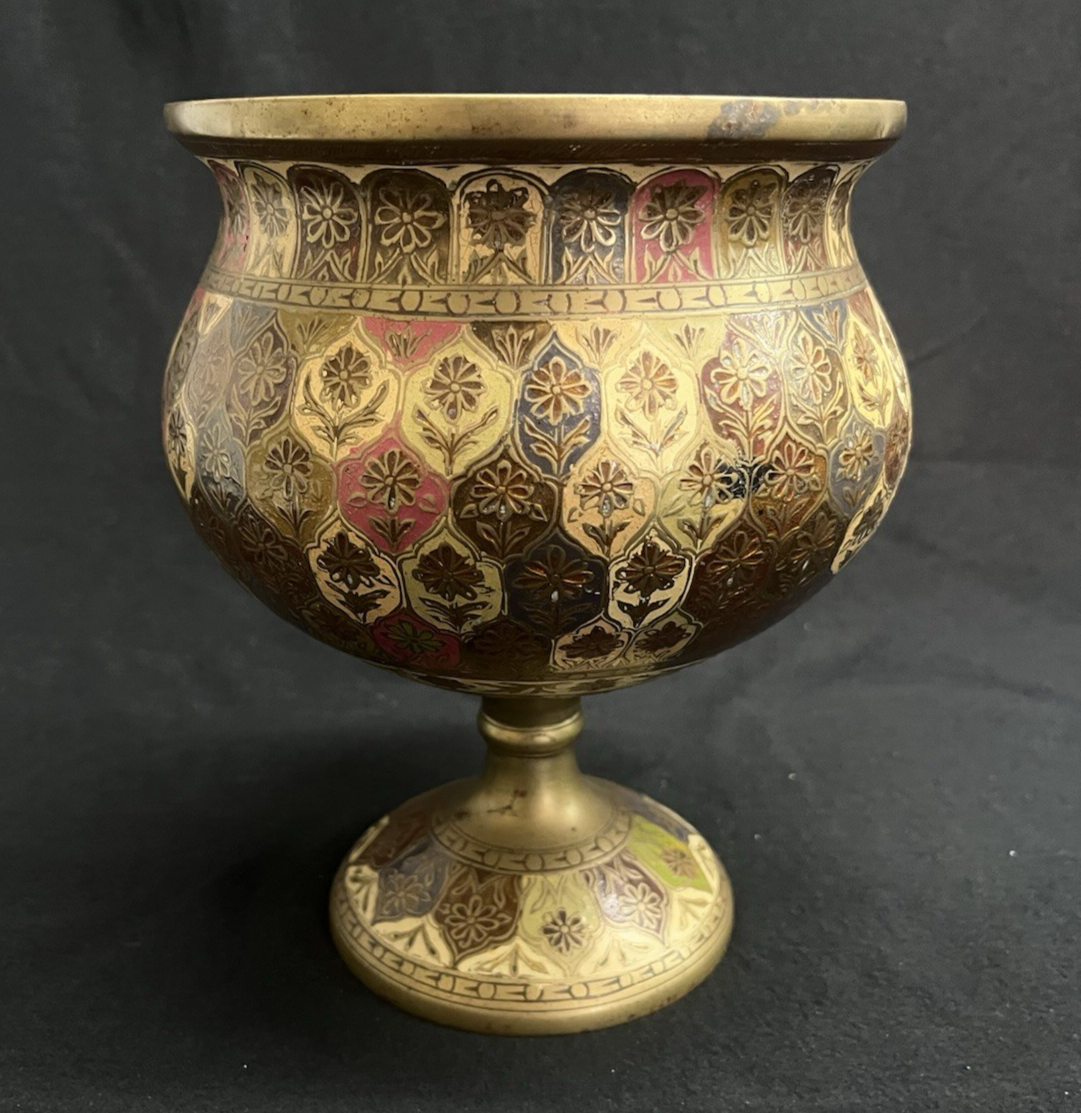PB19 Pair of Indian Moorish Spun Brass Cloisonne Enamel Pedestal Planters 8.25"