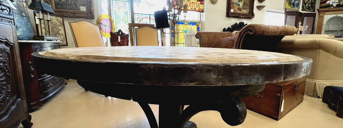 French gueridon table with planked top with stainless edge