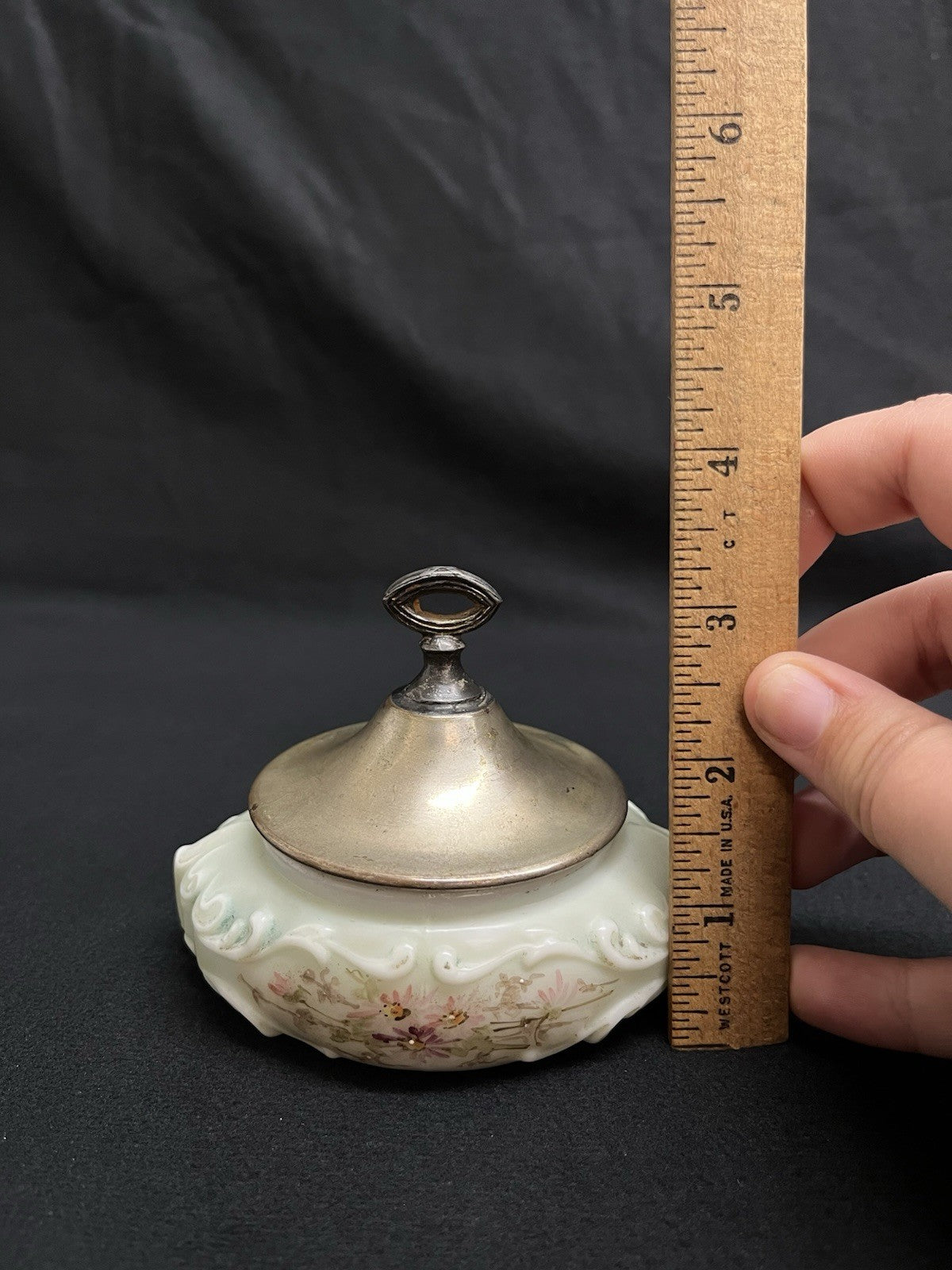 C.F. Monroe Co. Wave Crest Hand Painted Opal Glass Dresser Dish with Lid 4"