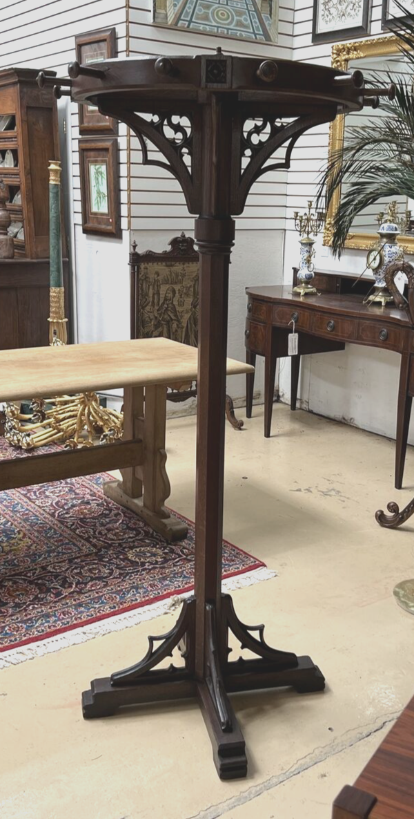 Antique French Gothic Revival Carved Oak Round Pedestal Rotating Coat Tree Rack