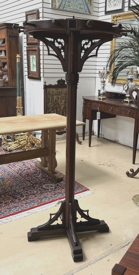 Antique French Gothic Revival Carved Oak Round Pedestal Rotating Coat Tree Rack