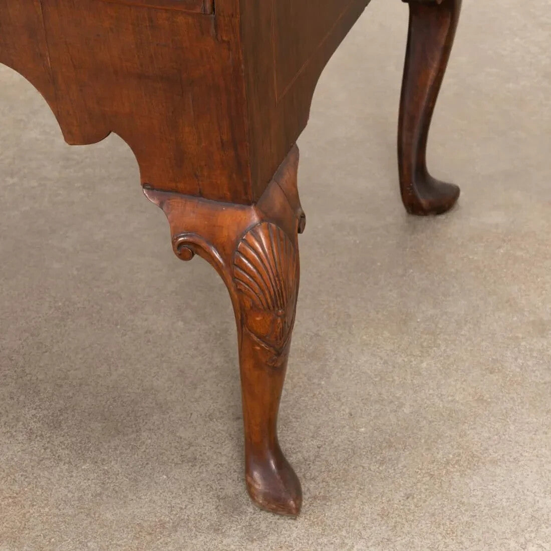 ANTIQUE ENLISH QUEEN ANNE SEAWEED MARQUETRY MAHOGANY CHEST ON STAND