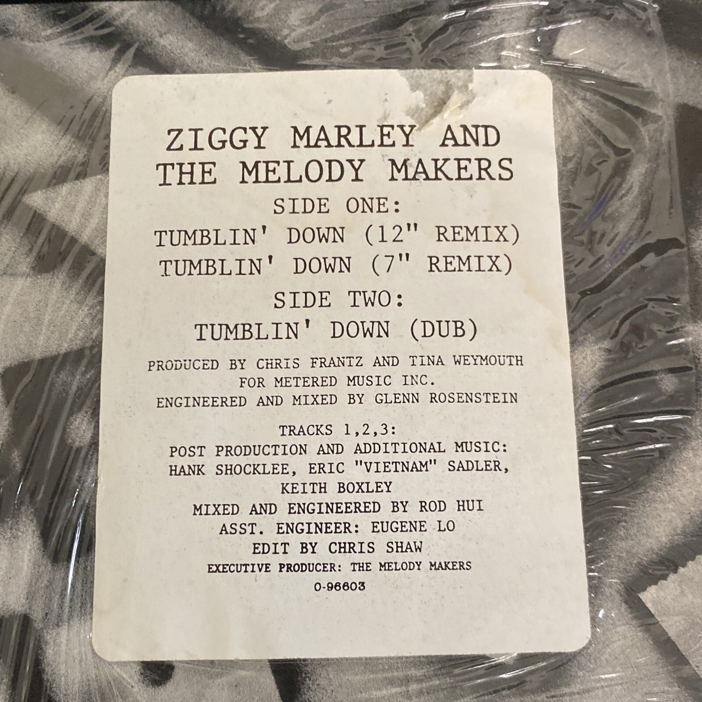 ZIGGY MARLEY 12" Tumblin' Down Virgin 0-96603 Shrink Hype Sticker - EX/VG+