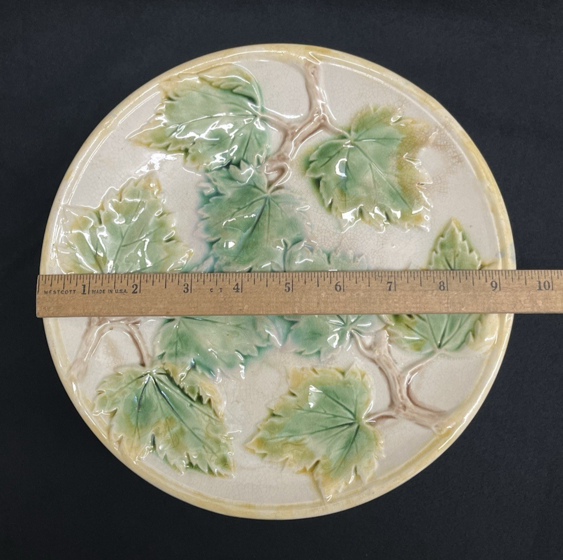 1800s Griffen Smith & Hill Etruscan Majolica Maple Leaf Pedestal Plate 9.5"