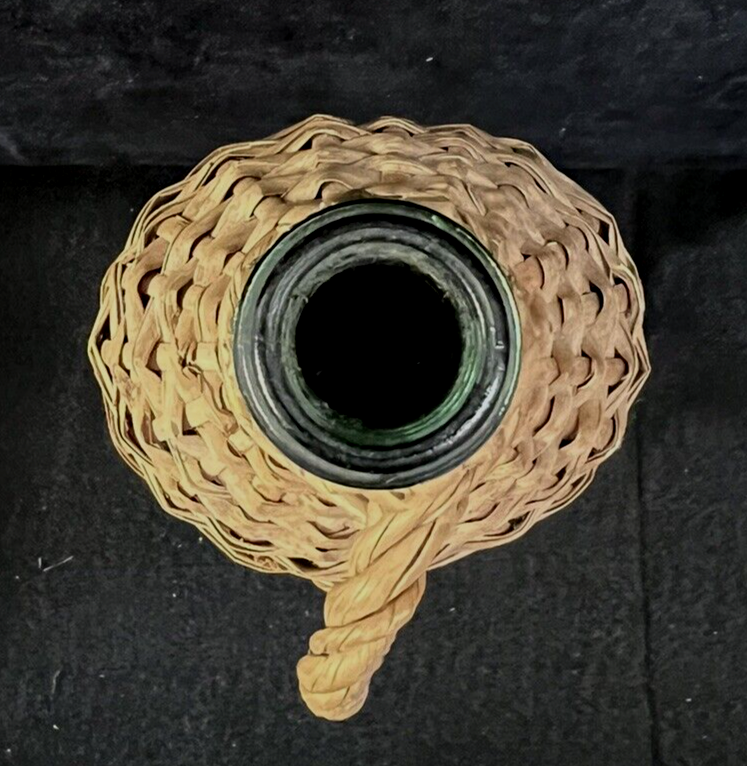FRENCH ANTIQUE DEMIJOHN WICKER BOTTLE 11", GREEN GLASS, MADE IN FRANCE