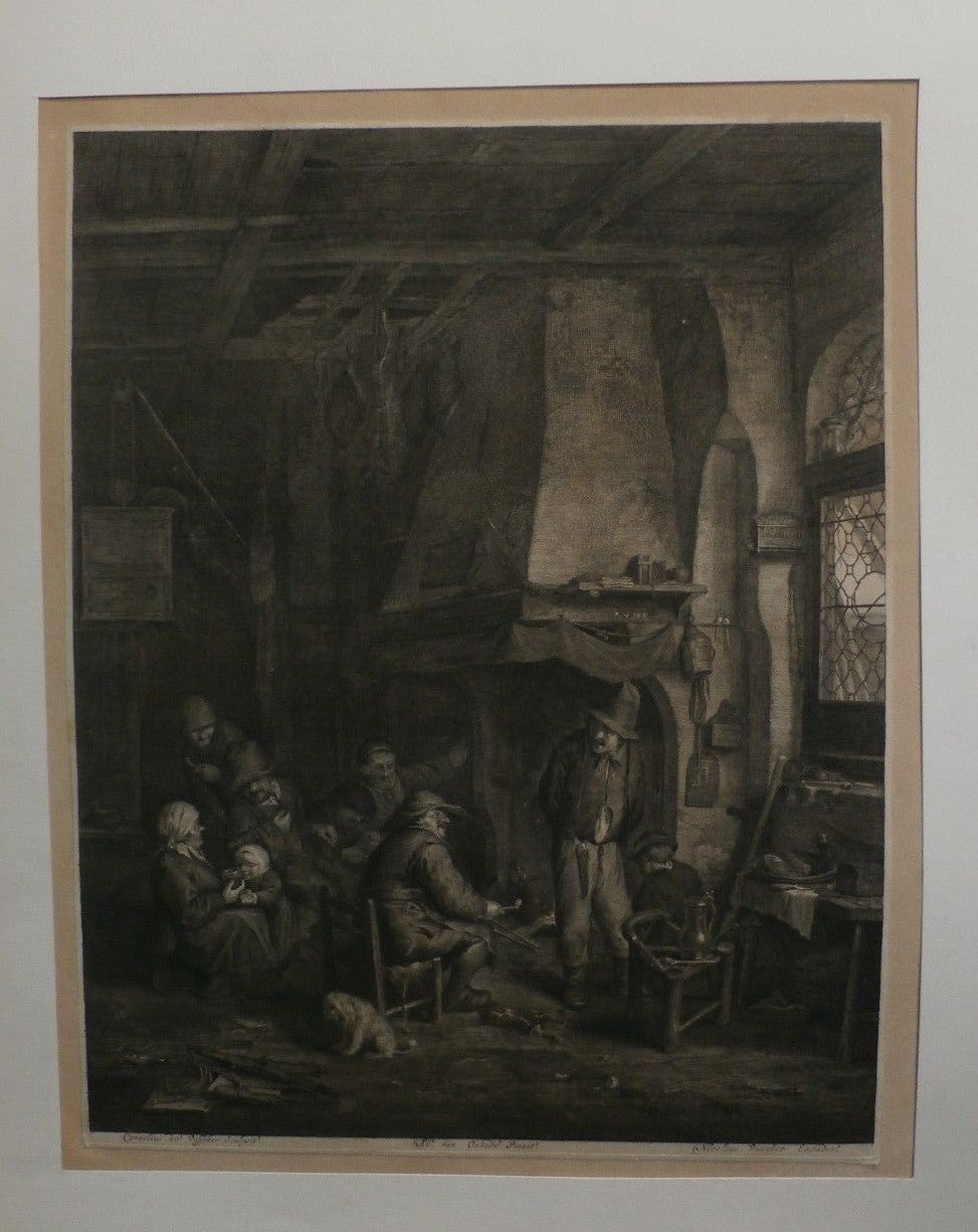17th C. Nicolas Visscher Engraving / Etching - Villagers by the Grand Fireplace