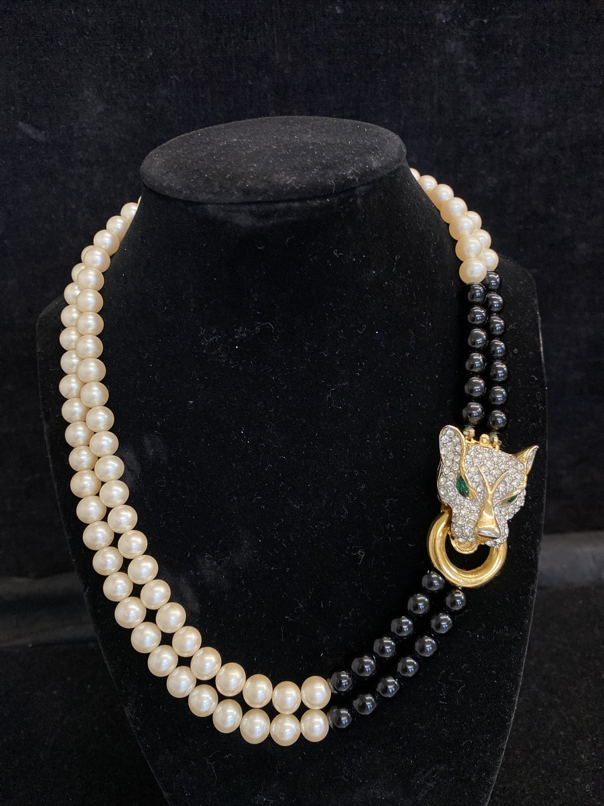 Vintage High End Black Panther Enamel Rhinestone Glass Faux Pearl Necklace