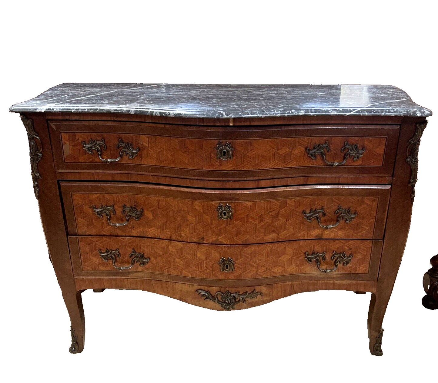 Antique French Louis XV Commode Chest of Drawers Marble Top Marquetry Pattern
