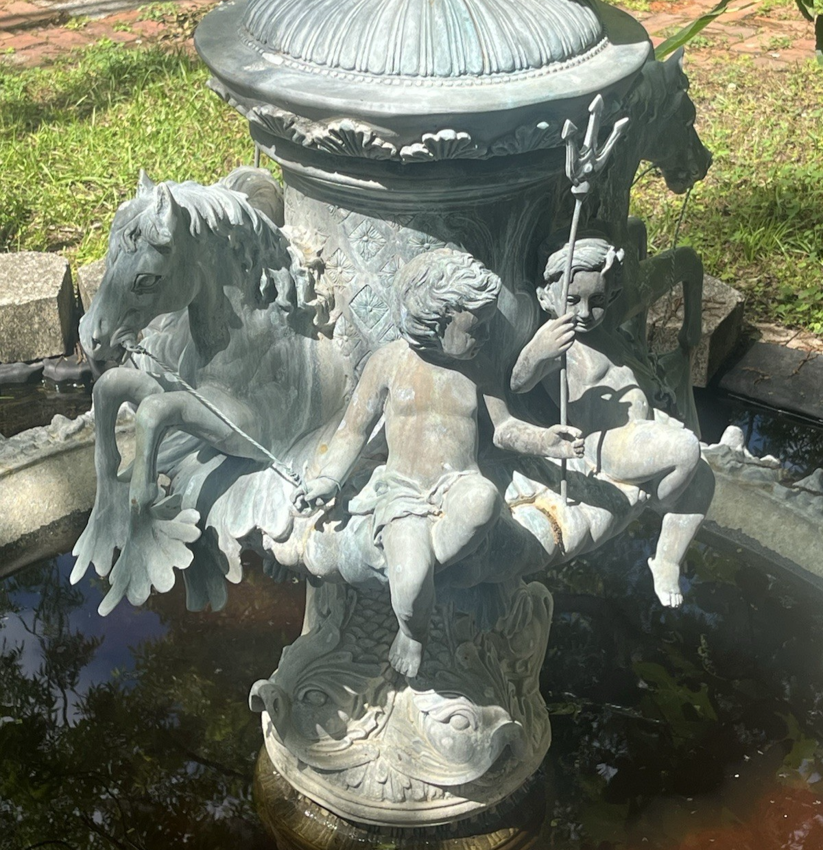 Antique Bronze Ornate Cupids and Horses Water Fountain 57" x 32" NO BASIN PB21