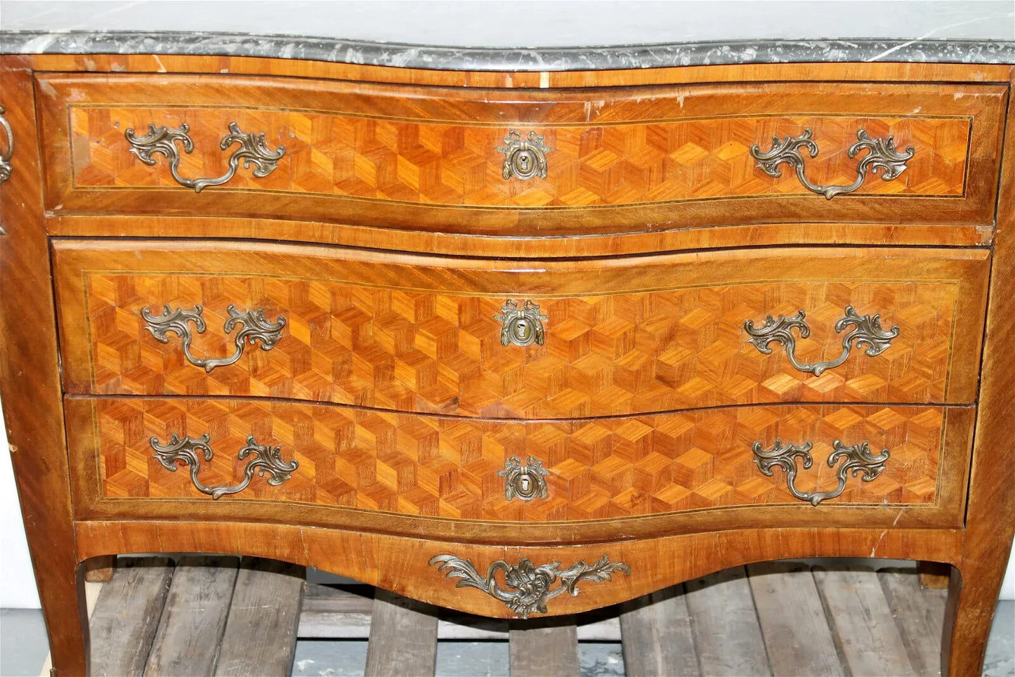 Antique French Louis XV Commode Chest of Drawers Marble Top Marquetry Pattern