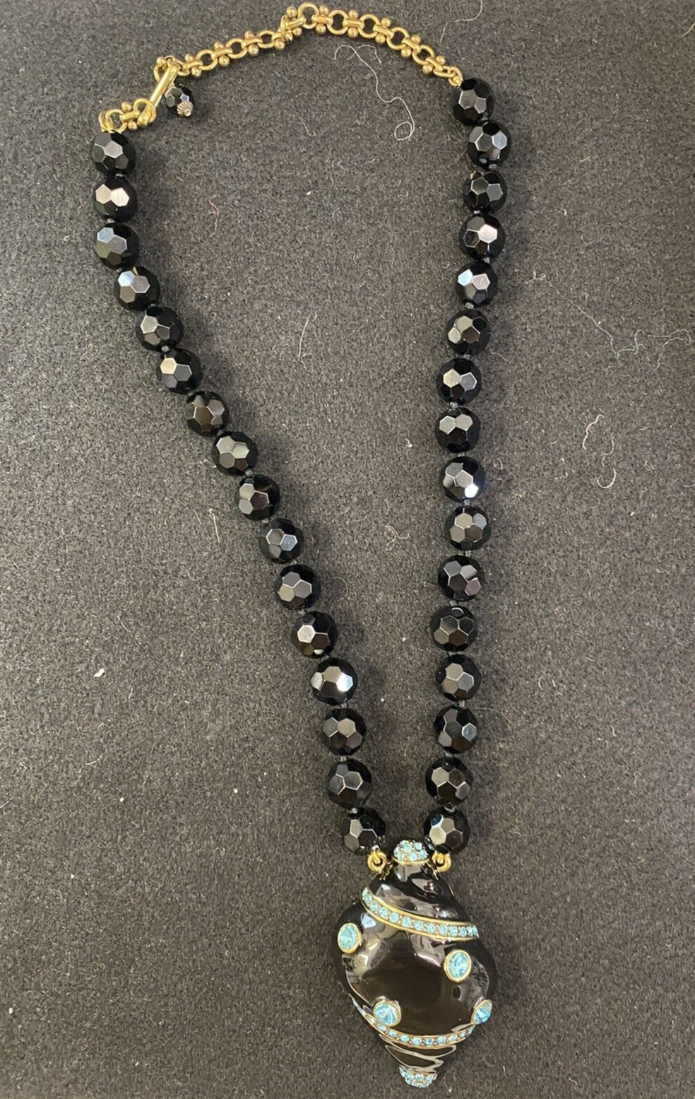 Heidi Daus Black Enamel Aqua Rhinestone Seashell Pendant Necklace