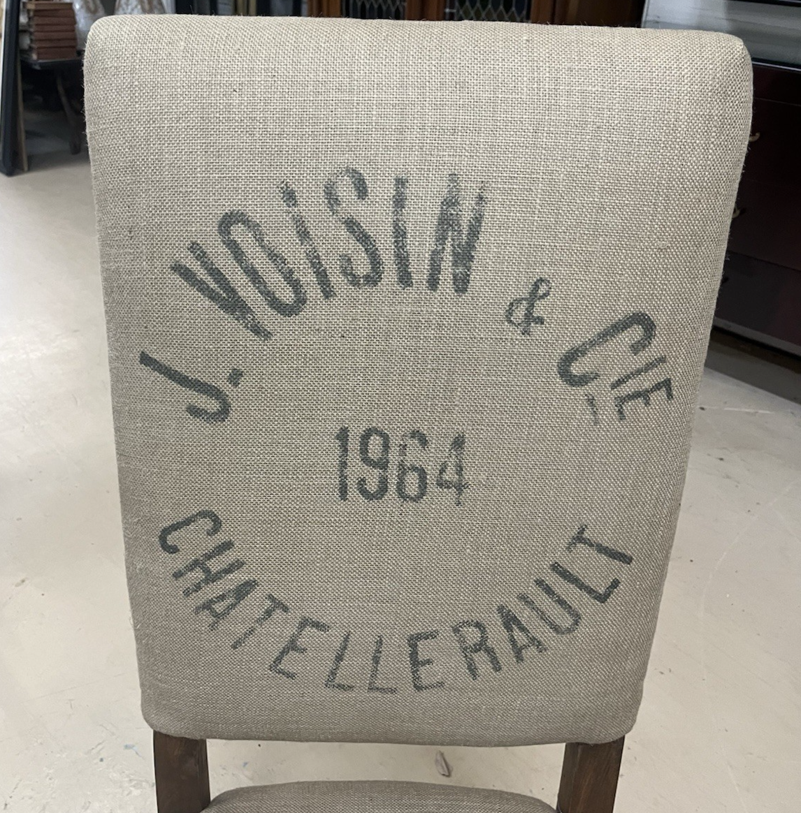 PAIR OF RESTORATION HARDWARE '1890 ENGLISH BAROQUE' BURLAP HIGHBACK CHAIRS
