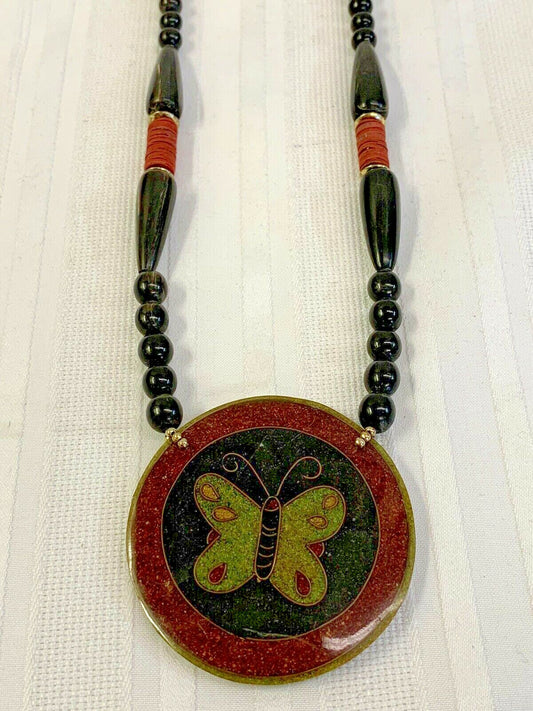 Inlaid Epoxy Resin Butterfly  Necklace  Black & Coral Beads Vintage