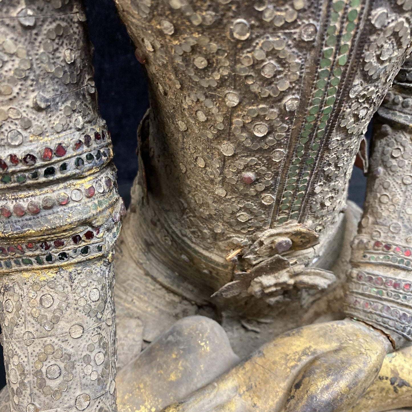 Thai Gilt Wood Seated Buddha Statue w/ Leather & Jewel Adornment