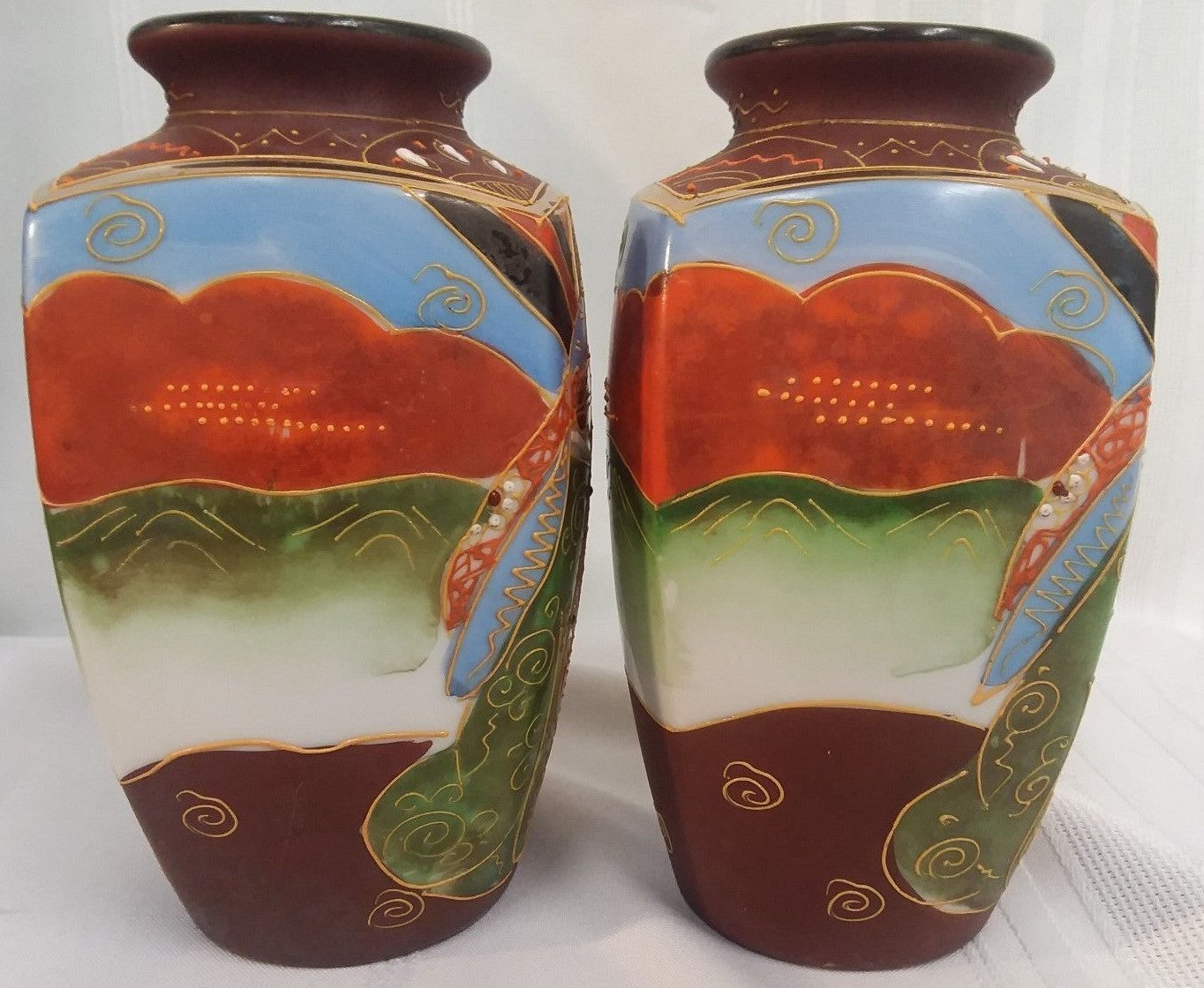 Pair Japanese Moriage Vases Man & Woman Colorful Dragonware  H6" Immortals