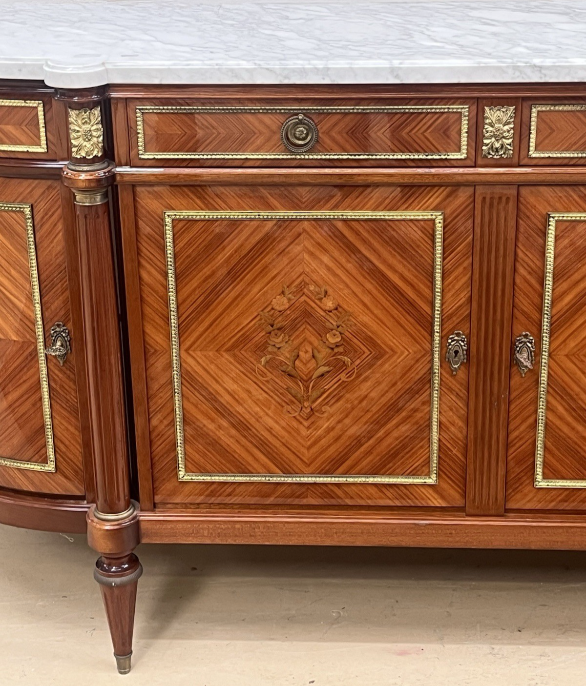 FRENCH LOUIS XVI MARBLE-TOP LACQUERED MARQUETRY DEMILUNE ENFILADE SIDEBOARD 105"