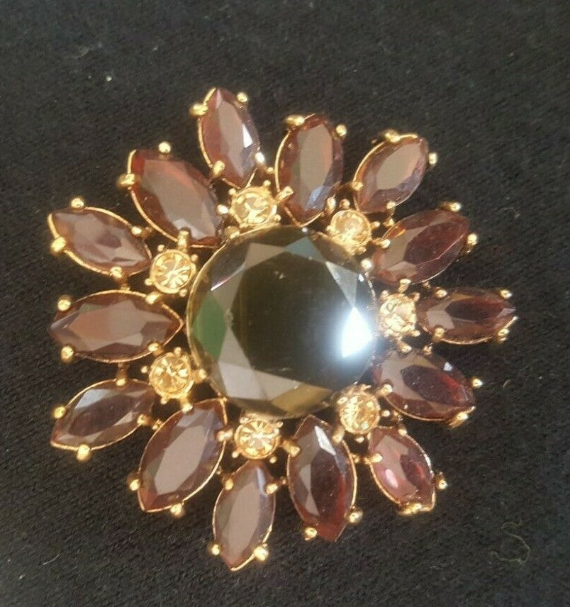 Vintage Signed Monet Topaz+ Green Rhinestone Round Brooch Flower Pin