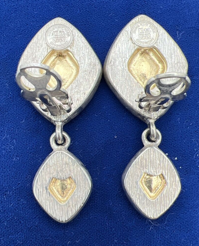 100% Authentic Givenchy Signed Vintage Earrings Clip Dangle Silver & Gold Toned