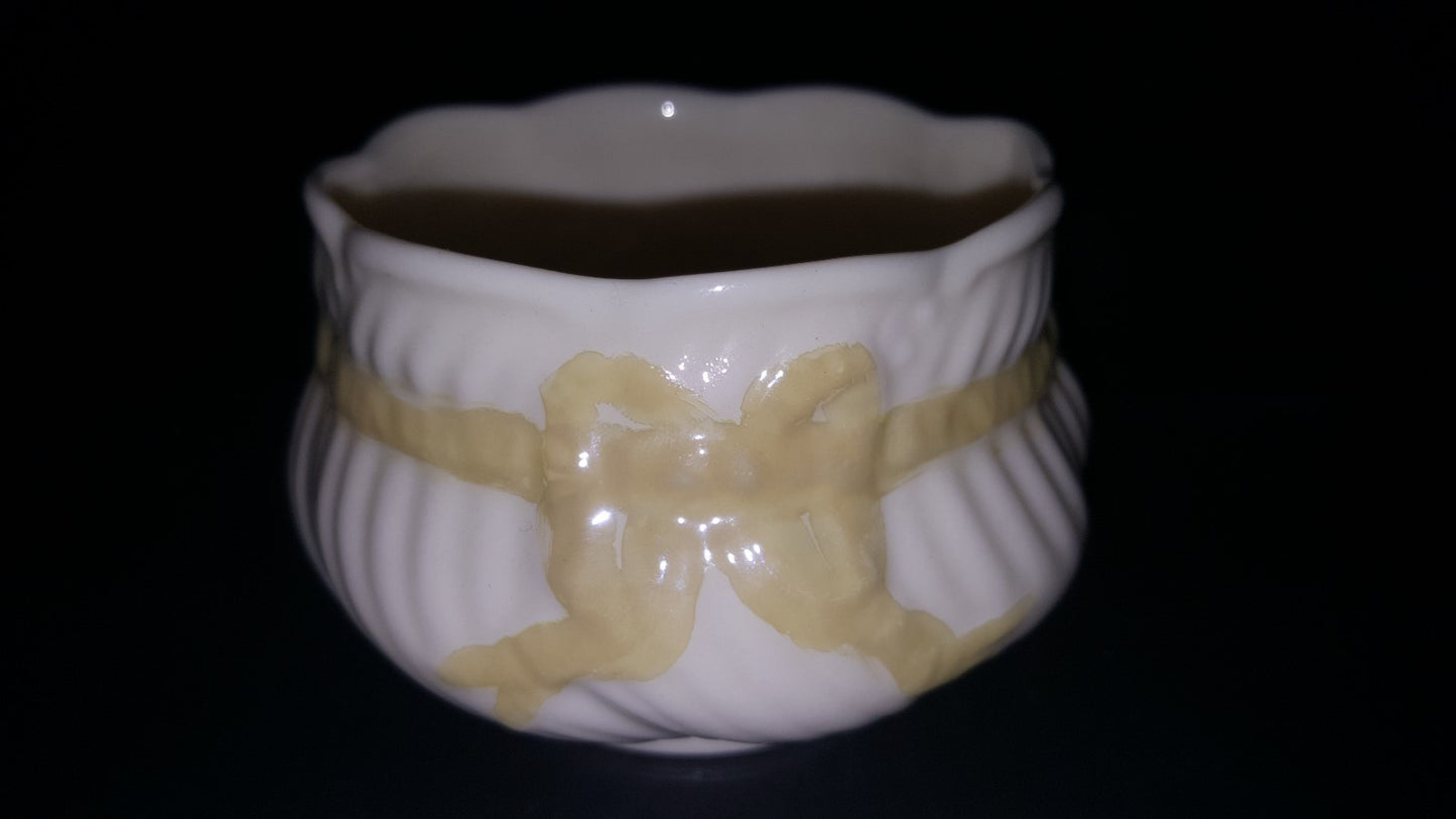 BELLEEK IRISH YELLOW RIBBON OPEN SUGAR BOWL & CREAMER 3rd GREEN  Mark1965-80