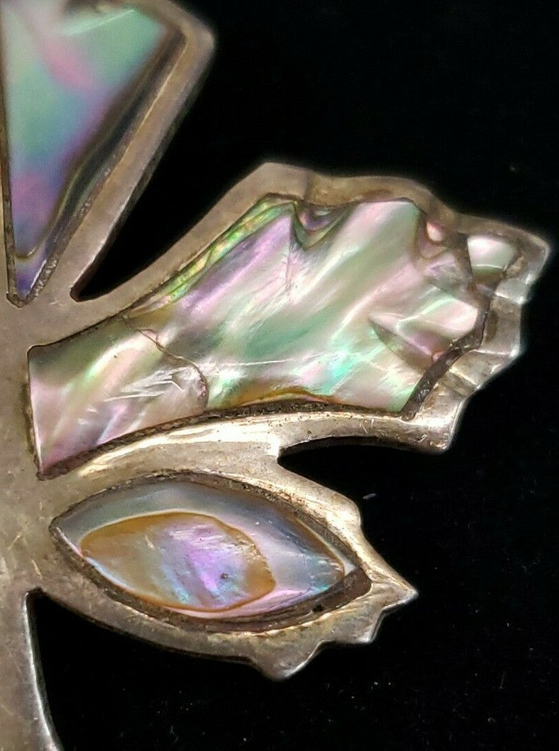 Vintage Signed Jose NS Taxco 925 Sterling Silver Abalone Maple Leaf Brooch