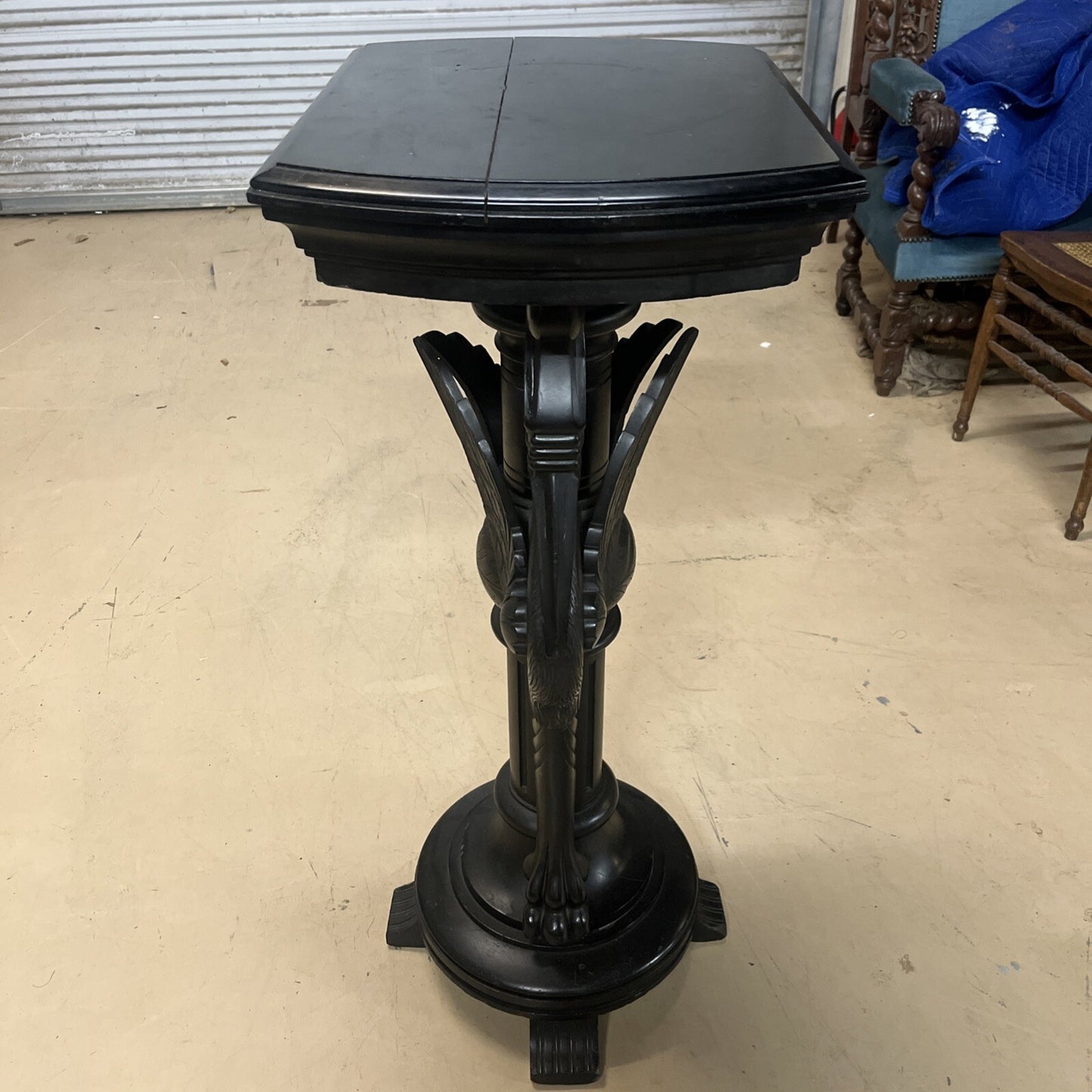 Antique Ebonized Black Wood Pedestal Plant Stand 2 Cranes FS16