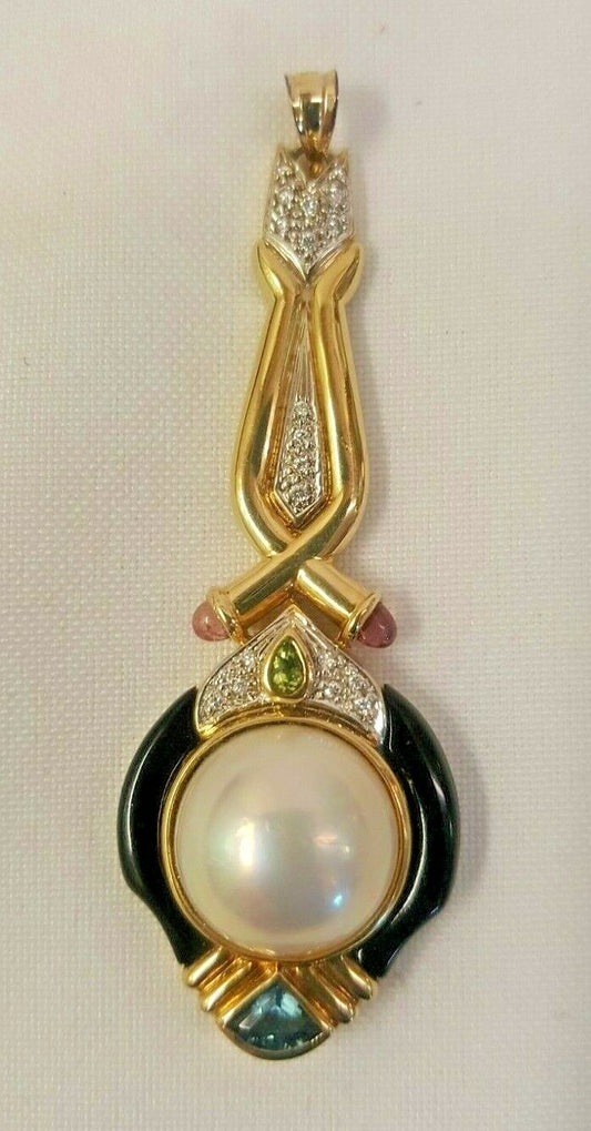 14k Mabe Pearl & Black Onyx Pendant w Amethyst Peridot Aquamarine Diamonds 14.7g