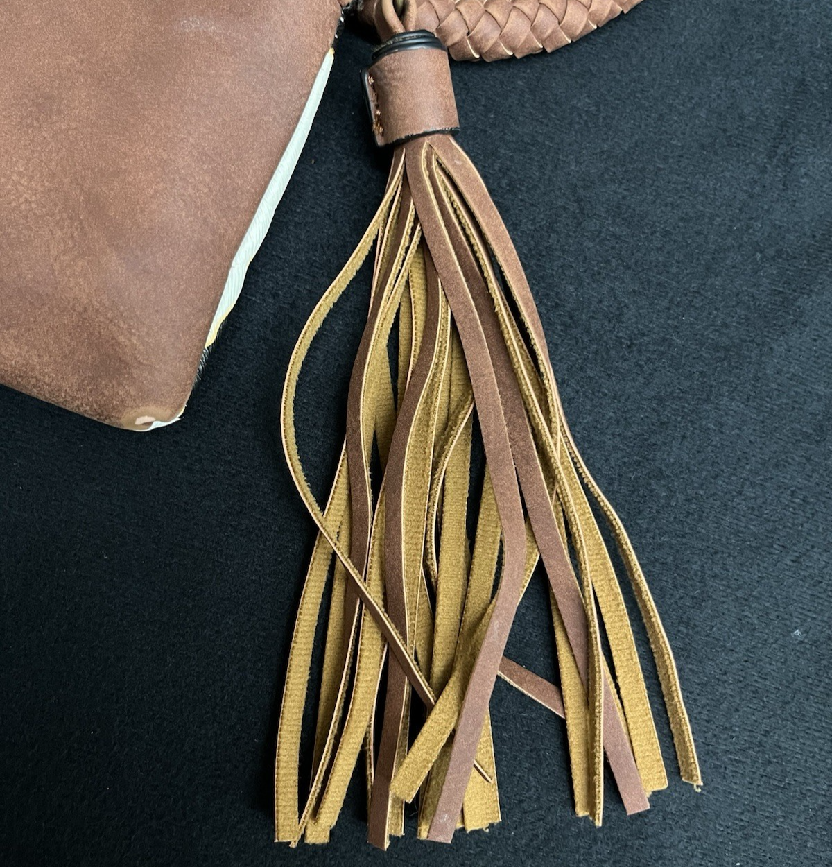 Cow Print Tassel Hand Clutch with Braided Bangle 10.75"