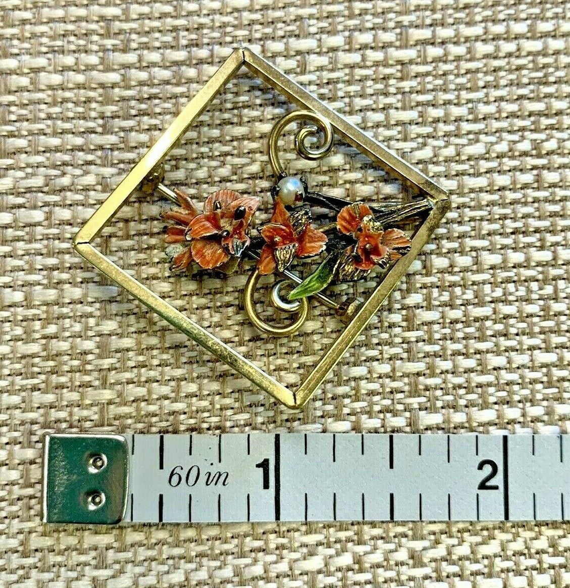 Vintage Dixelle Dainty 12k GF Sterling Trim  Sq Brooch Pin Pearl Enamel Flowers