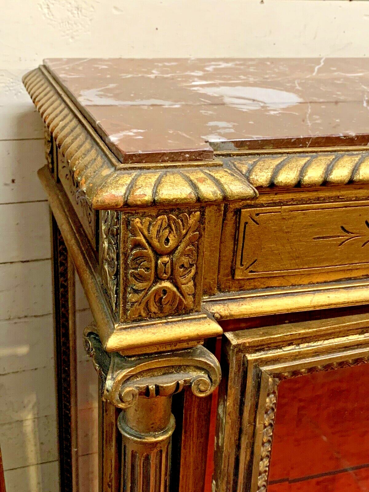 Antique French Gold Gilt Marble Top Vitrine Glass Door and Sides Display Shelves