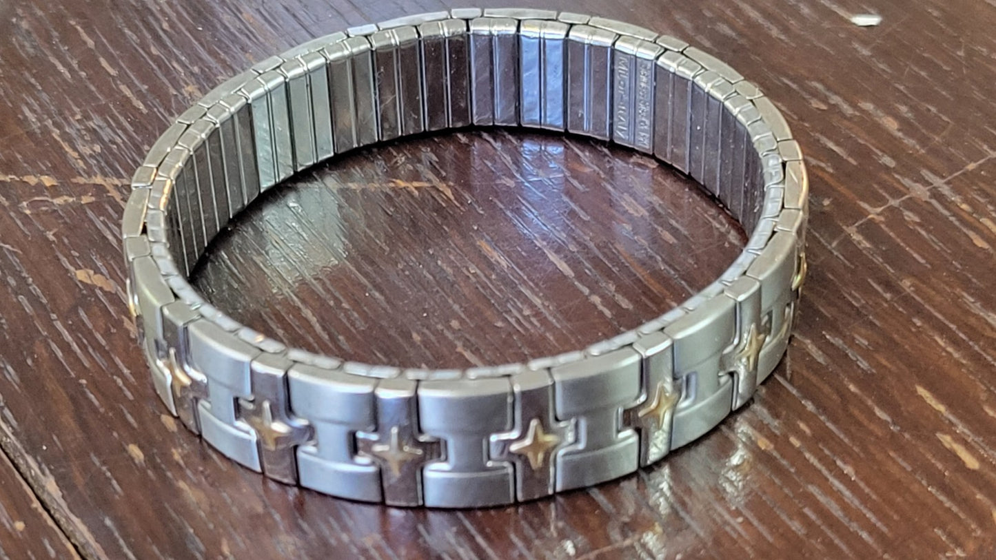 SIGNED MILOR ITALY STAINLESS STEEL w 18K YELLOW GOLD STRETCHY BANGLE BRACELET
