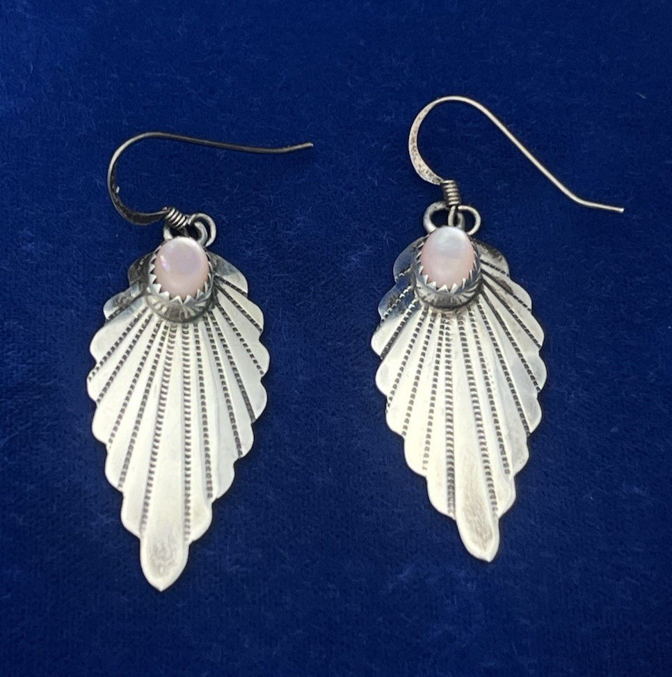 Vintage Navajo Sterling Silver Mother of Pearl Dangle Earrings Signed KF 4.4g