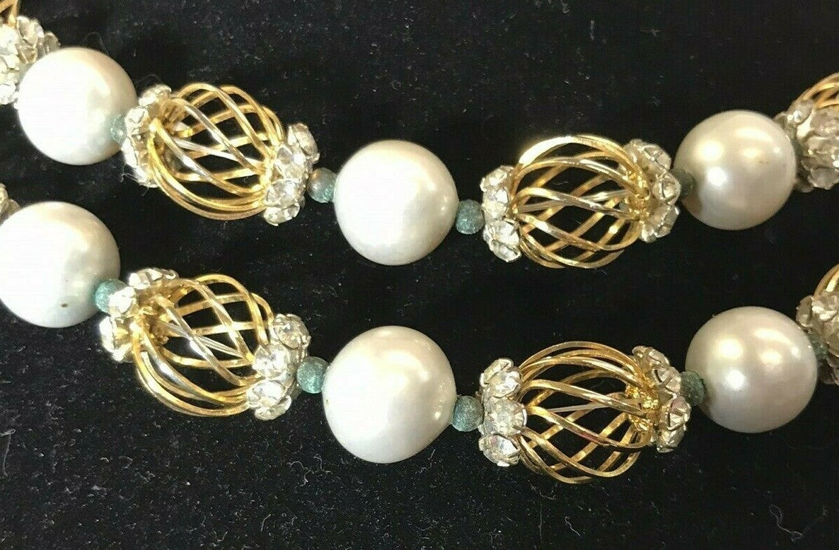 Vtg Signed Vendome Faux Pearls 2 Strand Necklace Gold Swirl Bead Rhinestone