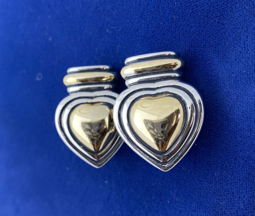 Designer Signed TJ M USA Silver and Gold Tone Heart  Clip On Earrings 1"