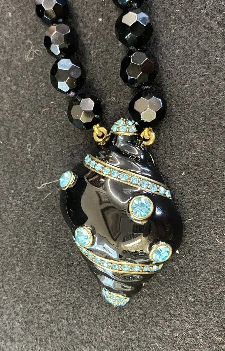 Heidi Daus Black Enamel Aqua Rhinestone Seashell Pendant Necklace