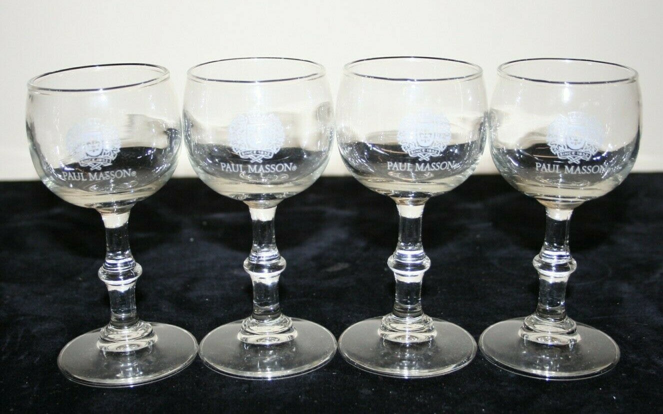 Set of 4 Original Box Paul Masson Rare Cream Sherry Glasses Engraved H 5" 2-3 oz
