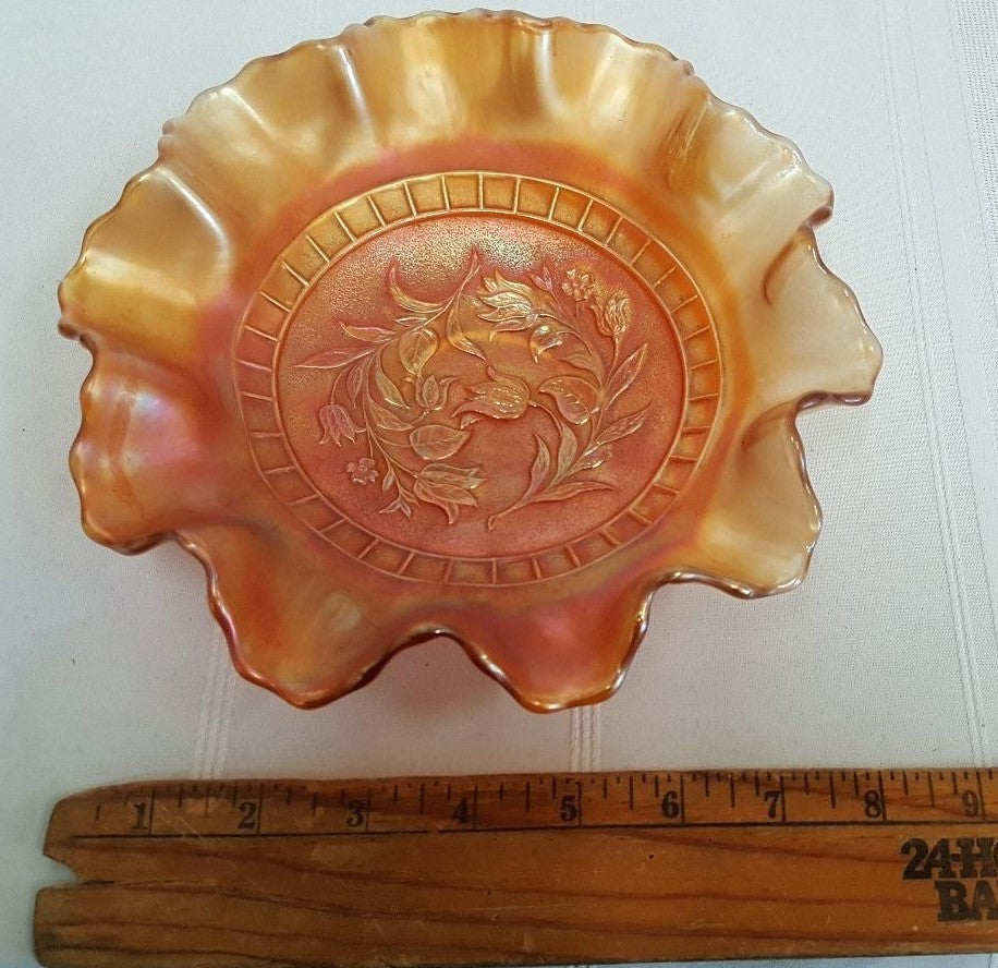 Vintage Dugan Marigold WINDFLOWER Carnival Glass 8 1/2" Ruffled Bowl