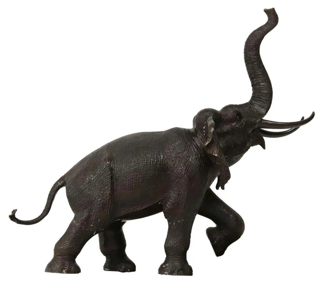 Large 44" Long Bronze Elephant Statue Wildlife Sculpture Walking w/ Tusk Up