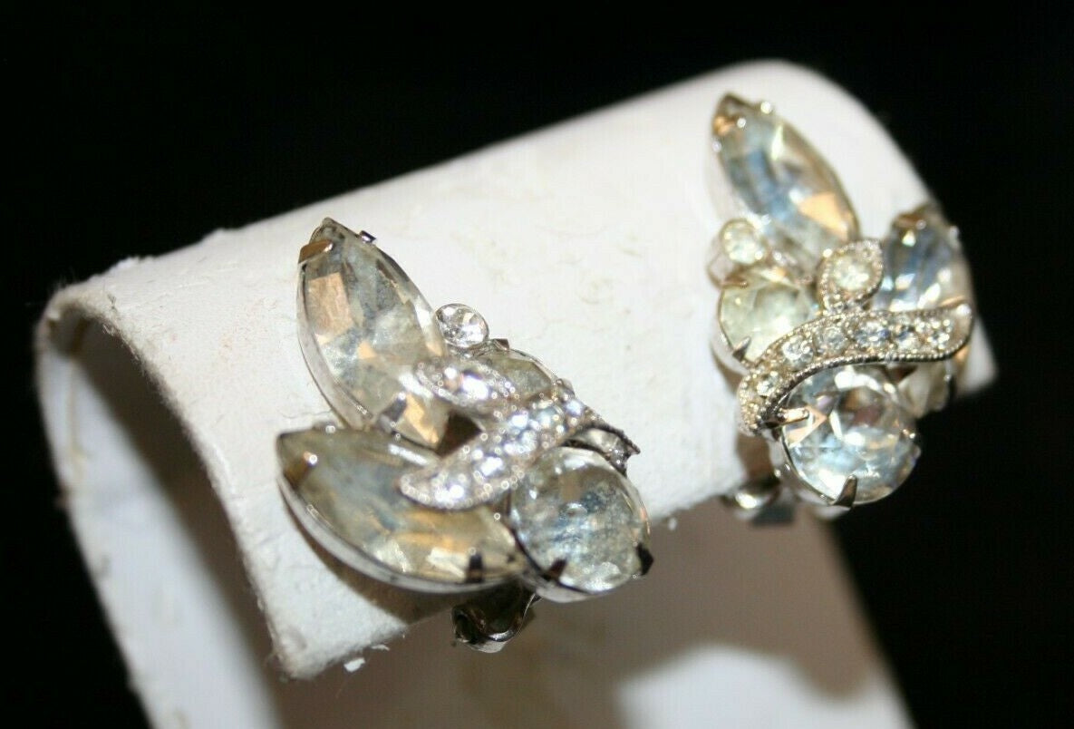 Vintage Eisenberg Ice Signed Silver Tone Clear Rhinestone Clip On Earrings