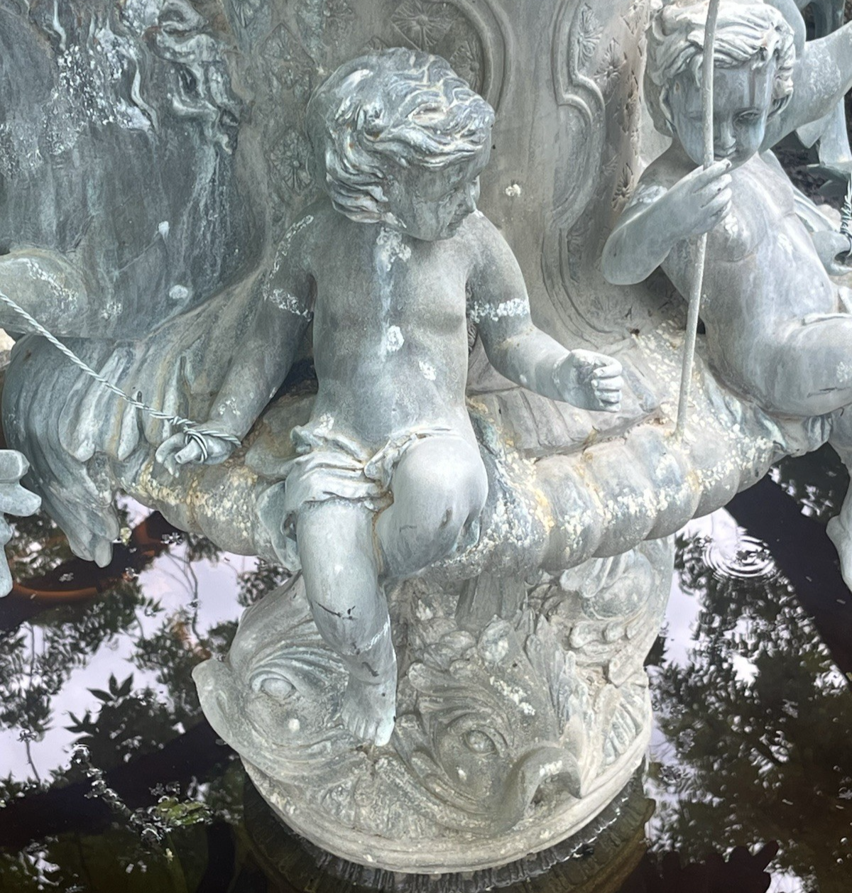 Antique Bronze Ornate Cupids and Horses Water Fountain 57" x 32" NO BASIN PB21