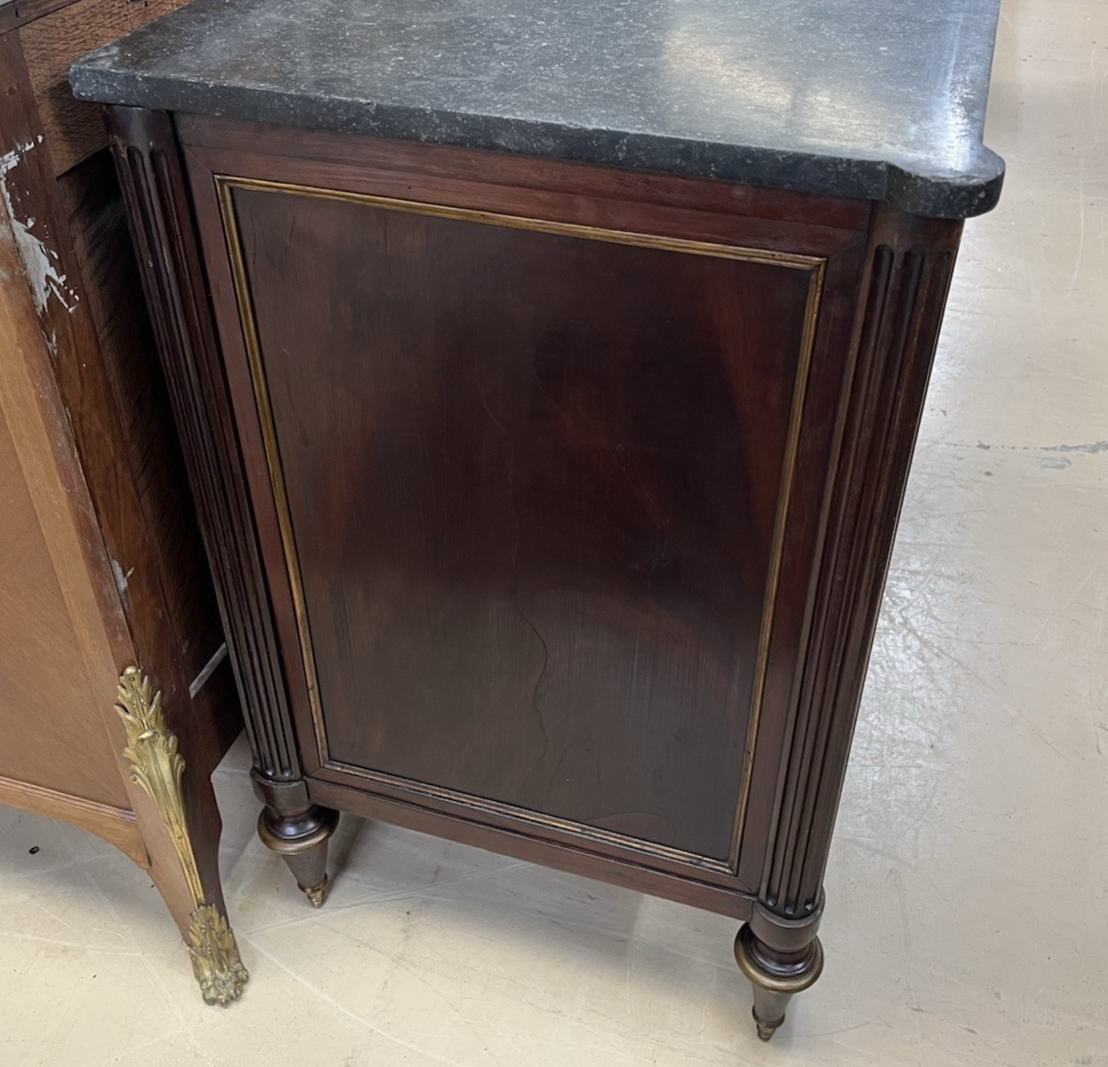 ANTIQUE FRENCH LOUIS XVI MARBLE-TOP FLAME BURL MAHOGANY COMMODE CHEST OF DRAWERS