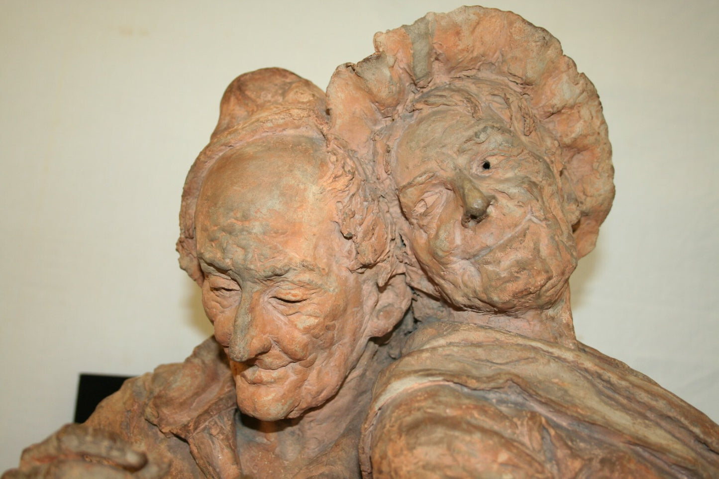FRENCH TERRACOTTA SCULPTURE OLD HAPPY COUPLE W/ PIPE BUST FIGURES