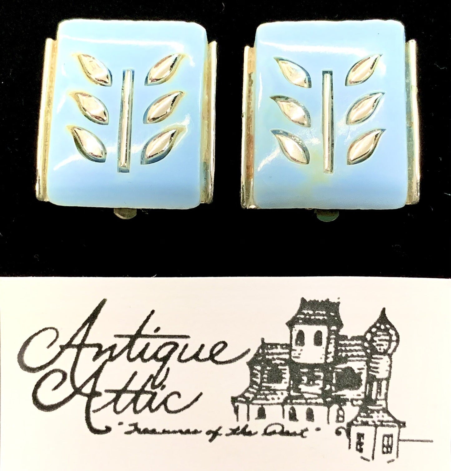 Rare Vtg Retro Signed Coro Blue Thermoset Silver Spikelet Clip Earrings MCM