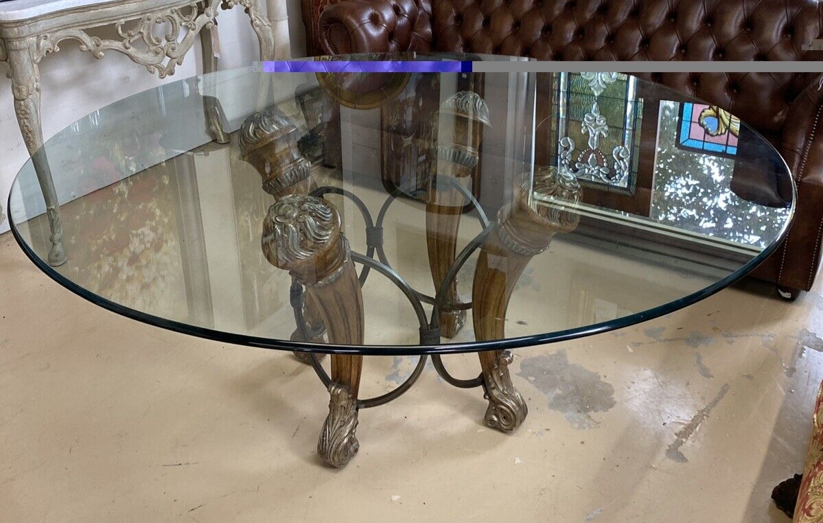 68" Round LARGE CONTEMPORARY GLASS-TOP Dining TABLE 4wood Carved & Iron Supports