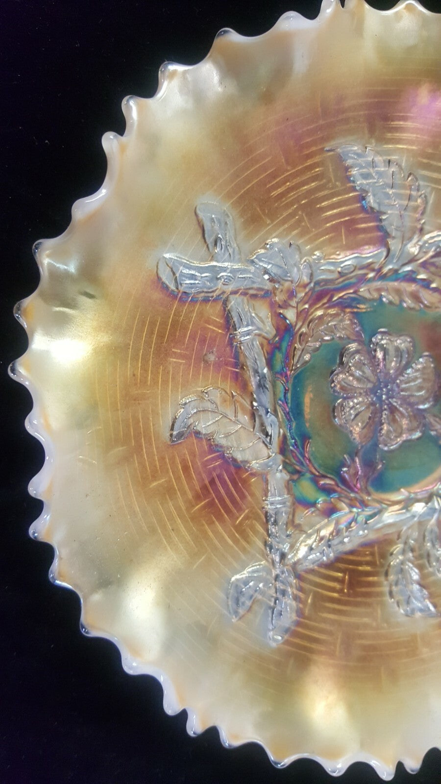 Antique Vintage Apple Blossom Twigs Marigold Carnival Glass Dugan Plate 1900s