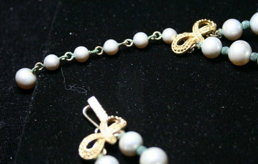 Vtg Signed Vendome Faux Pearls 2 Strand Necklace Gold Swirl Bead Rhinestone