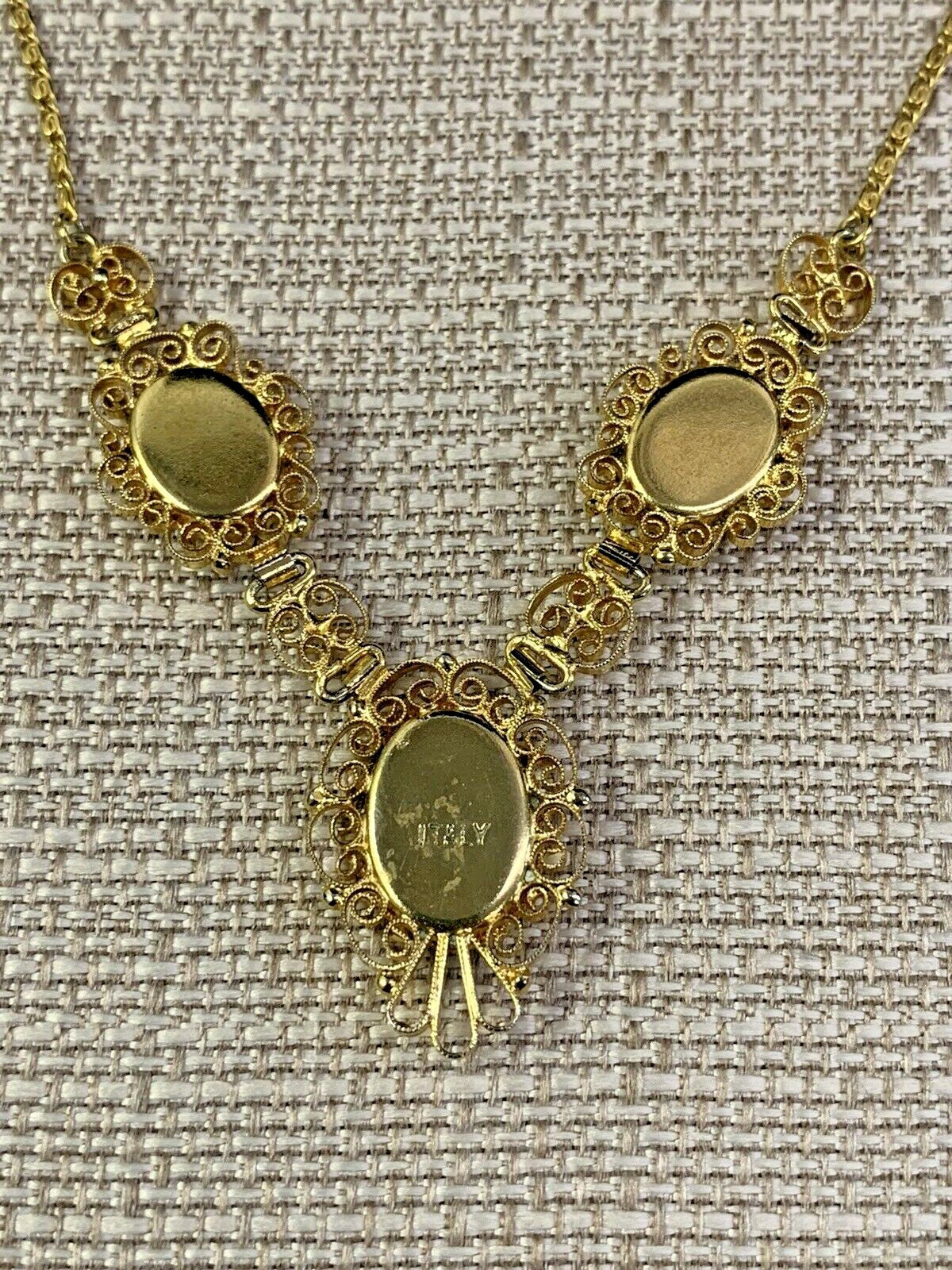 Antique Italian Grand Tour 3 pc Micromosaic & Filigree Pendant Necklace 18"