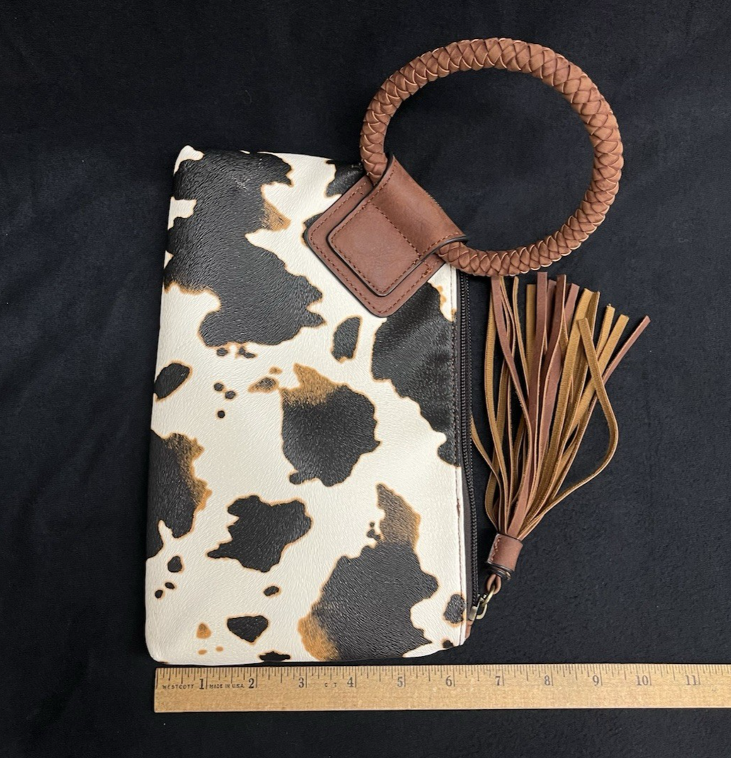 Cow Print Tassel Hand Clutch with Braided Bangle 10.75"