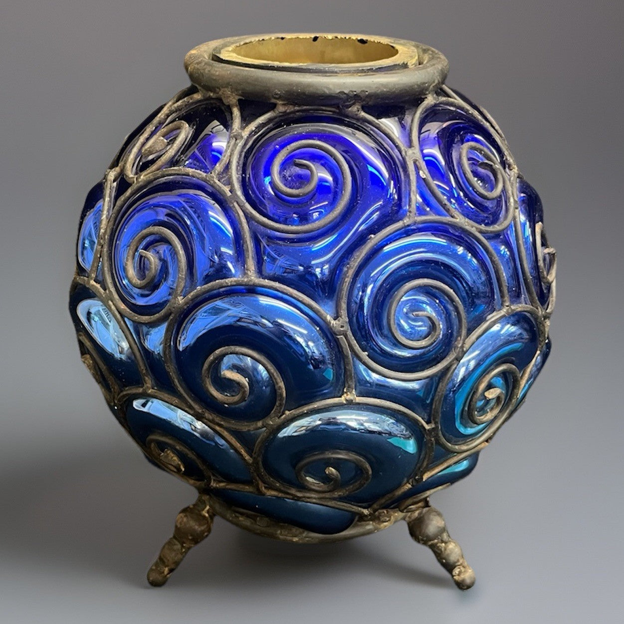 Murano Style Round Cage Bubble Blown Cobalt Blue Iridescent Glass Sculpture 13"