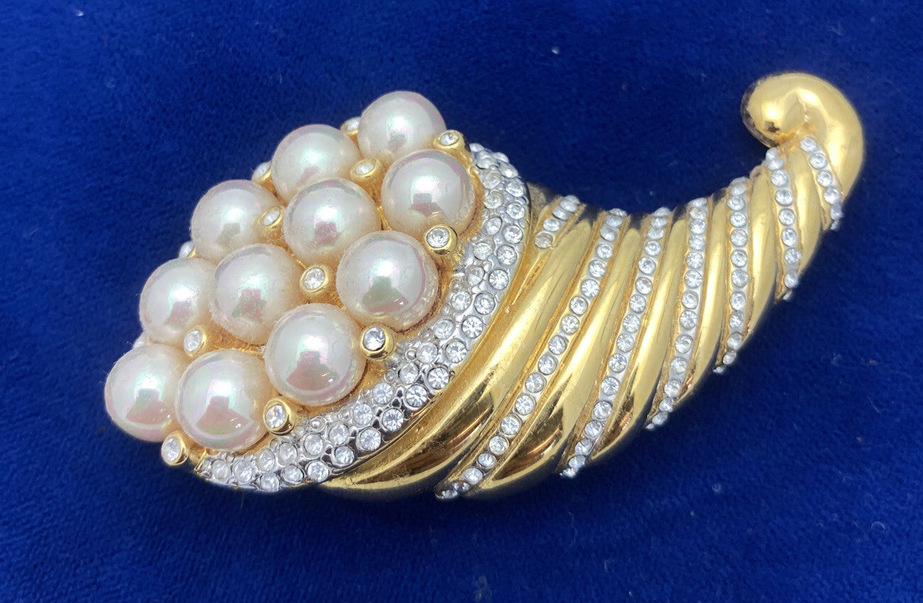 Beautiful Nolan Miller Glamour Collection Jewelry Pearl Gold Cornucopia Brooch
